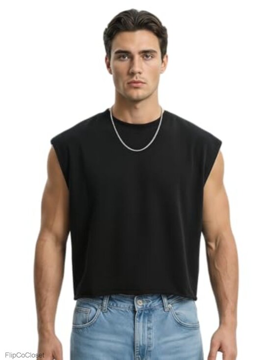 Other - Men's Cropped Boxy 320GSM French Terry Sleeveless Tee Raw Hem Streetwear